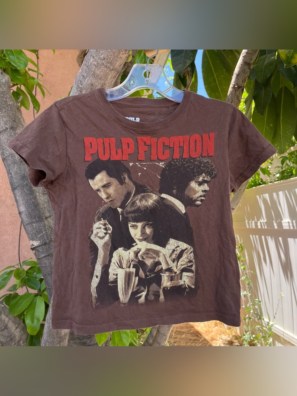 Pulp Fiction Graphic Fitted Cropped Tee in Brown.